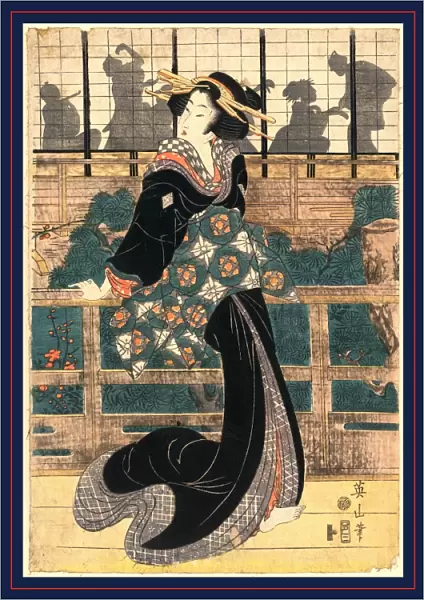RAcka no geigi, Entertainer standing on a veranda. Kikukawa, Eizan, 1787-1867, artist