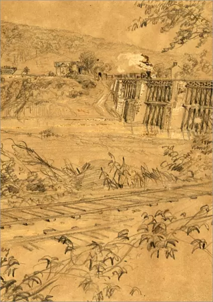 Monocacy R. R. Bridge, 1863 ca. June-July, drawing on tan paper pencil and Chinese white