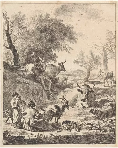 Landscape with drinking boy and piper, Jan de Visscher, Nicolaes Pietersz. Berchem