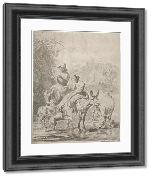 Shepherdess on donkey and shepherd on horseback crossing creek, Nicolaes Pietersz