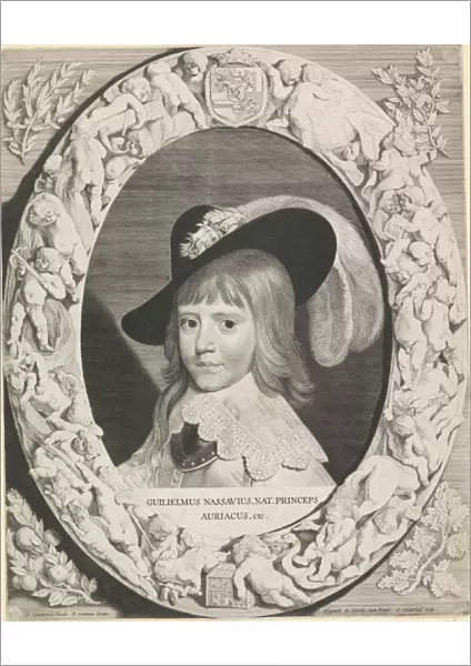 Portrait of Willem II in an ornate oval frame with putti, print maker: Jonas Suyderhoef