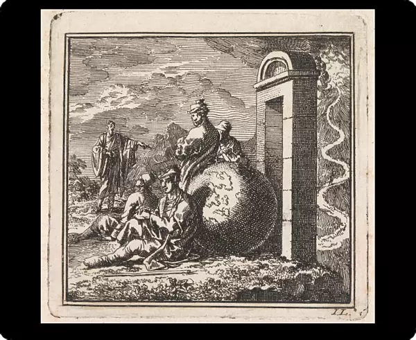 Before a narrow gate a few men rest near a globe, Jan Luyken, wed. Pieter Arentsz