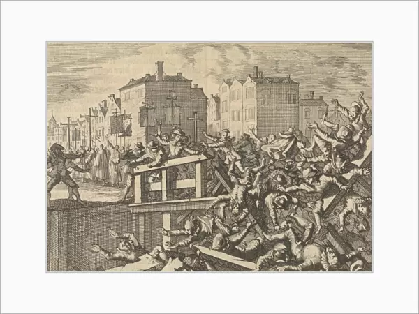 Bridge in Paris collapses during a procession, 1633, France, Caspar Luyken, Pieter van der Aa