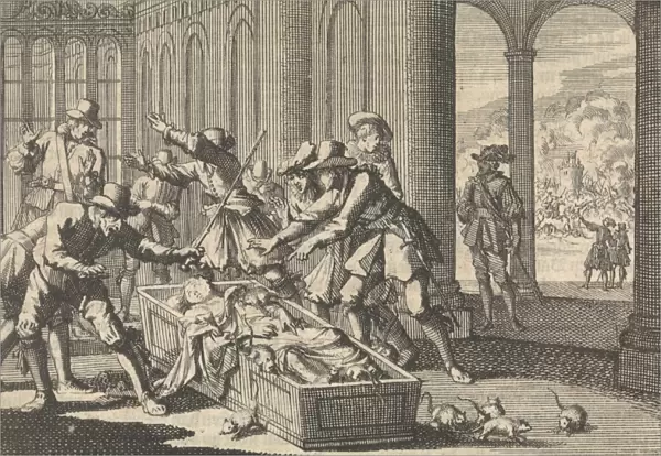 Servants of the Duke of Aumale attempt to shoo away the rats in his coffin, 1591