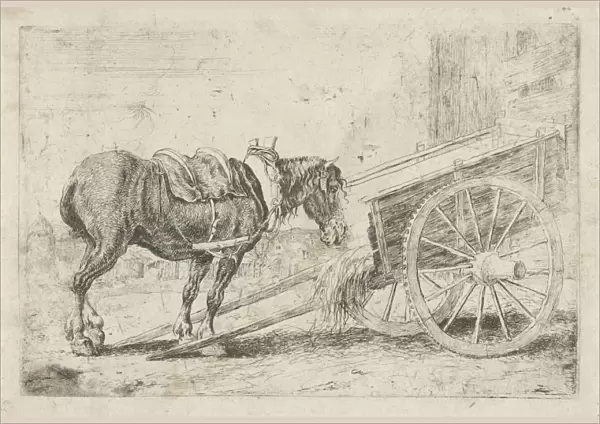 Horse with a cart, Jan van den Hecke I 1656, print maker: Jan van den Hecke I, 1656