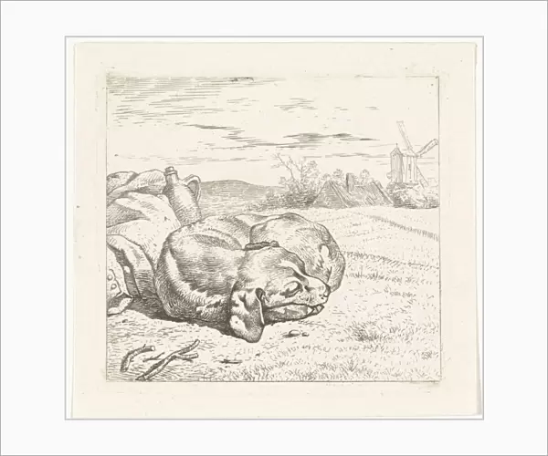 Sleeping dog with windmill in the background, Wouter Johannes van Troostwijk, 1792 - 1810