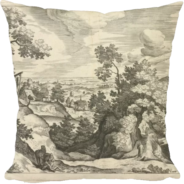 Landscape with the Good Samaritan, print maker: Johann Sadeler I, Hans Bol, 1580 - 1600