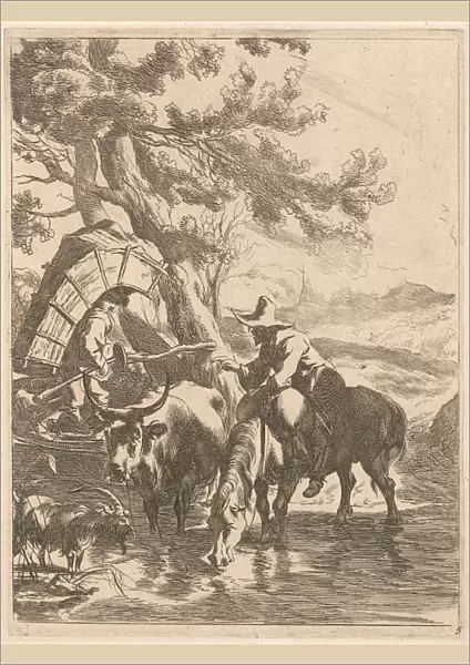 Shepherd boy at a stream, print maker: Jan de Visscher, Nicolaes Pietersz. Berchem