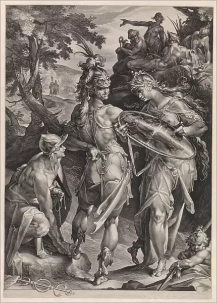 Minerva and Mercury arm Perseus, Jan Harmensz. Muller, Bartholomeus Spranger, 1604