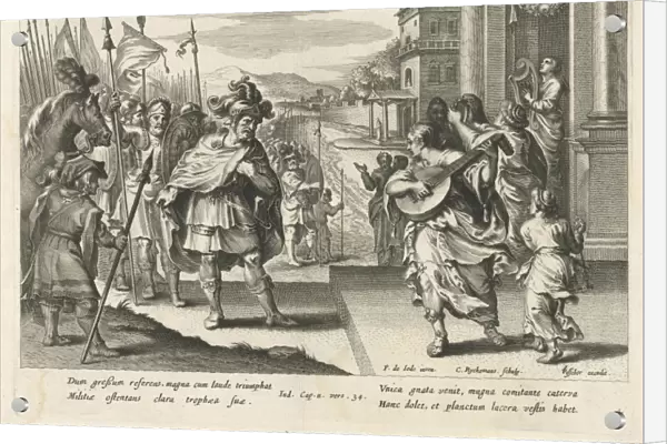 Jephthah is welcomed by his daughter, Nicolaes Ryckmans, Claes Jansz. Visscher (II)