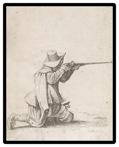 Kneeled soldier, his rifle berthing, Dirk Ms, Philips Wouwerman, 1708 - 1717