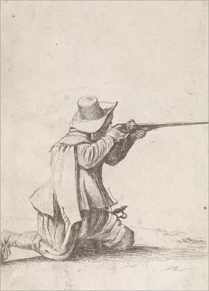 Kneeled soldier, his rifle berthing, Dirk Ms, Philips Wouwerman, 1708 - 1717