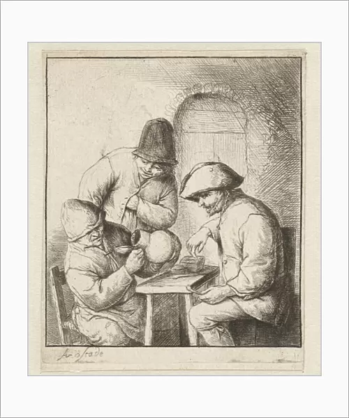 Man looks into empty jug, two men watch, Adriaen van Ostade, 1651 - 1655