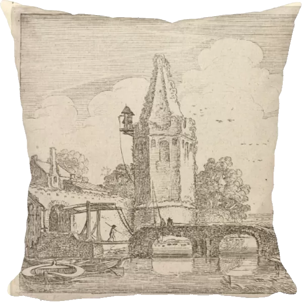 Landscape with a tower and a bridge over River Niers, Jan van de Velde (II), 1616
