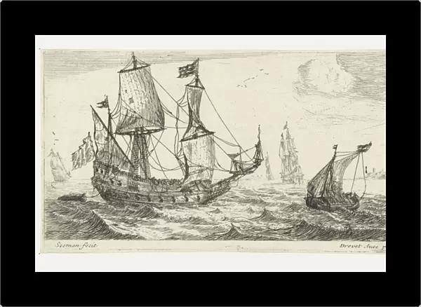 A large sailing ship, a pinnace, and a smaller ship, on the water, three large ships