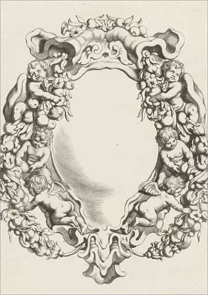 Cartouche with lobe ornament with four children and two angels, print maker: Michiel