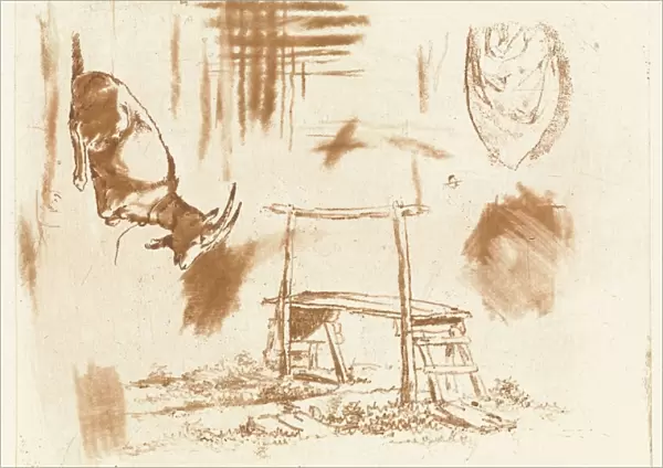 Study Sheet with reclining goat, a wooden bench and a drapery, Johannes Huibert Prins