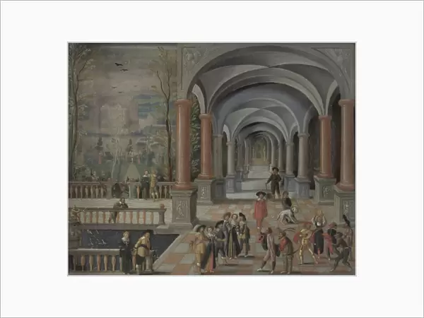Festive Gathering and Figures from a Commedia dell Arte in a Gallery, Monogrammist DB