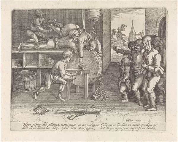 Trickster punished grinding nose and ears, David Vinckboons possibly, print maker