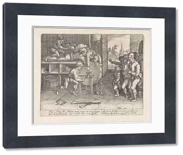 Trickster punished grinding nose and ears, David Vinckboons possibly, print maker