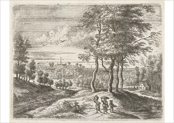 Wooded landscape with two women and a boy with a basket, Lucas van Uden, 1605 - 1673