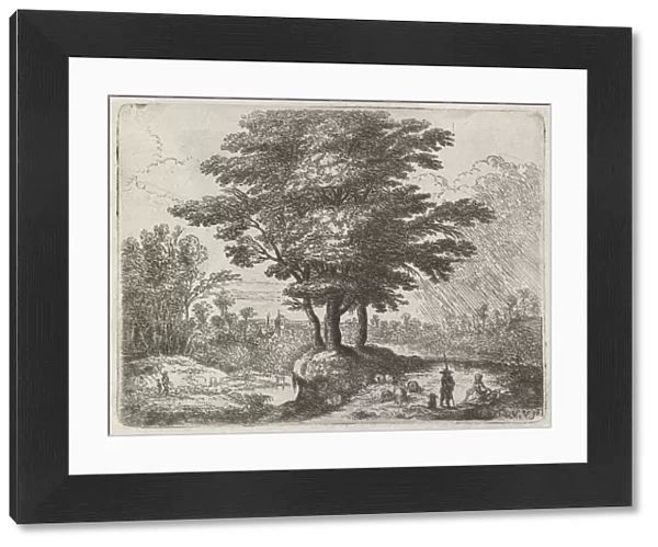 Three trees, a shepherd with sheep and a dog, Lucas van Uden, 1605 - 1673