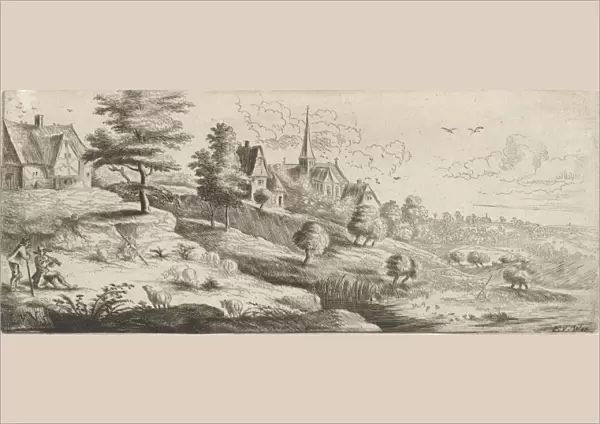 Landscape with a village and a flute-playing man, print maker: Lucas van Uden, Frans