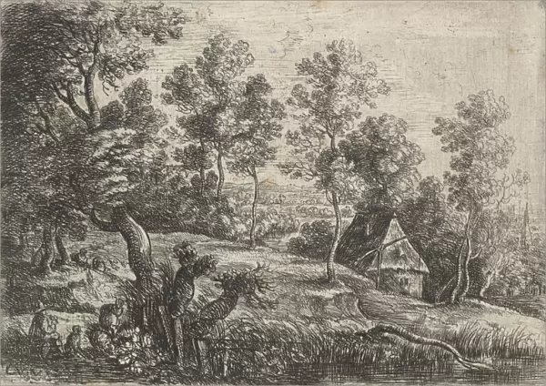 Landscape with a house and a well, in the foreground a flute-playing shepherd with
