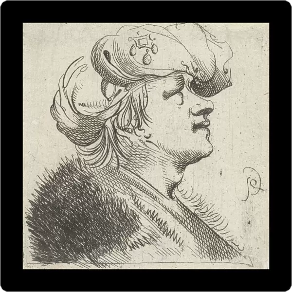 Head of a young man with a pearl turban on his head, print maker: Pieter Jansz. Quast