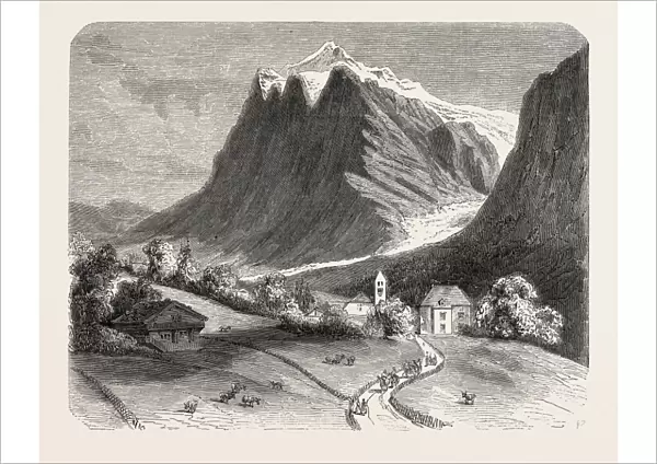 The village of Grindelwald and the glacier, near the Wetterhorn. Switzerland, 1855
