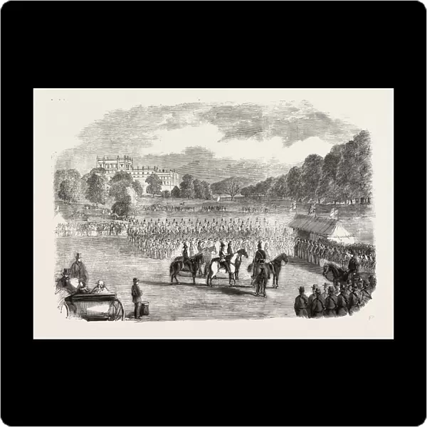 Review of Derbyshire Rifle Volunteers at Chatsworth Park, Uk, 1860 Engraving