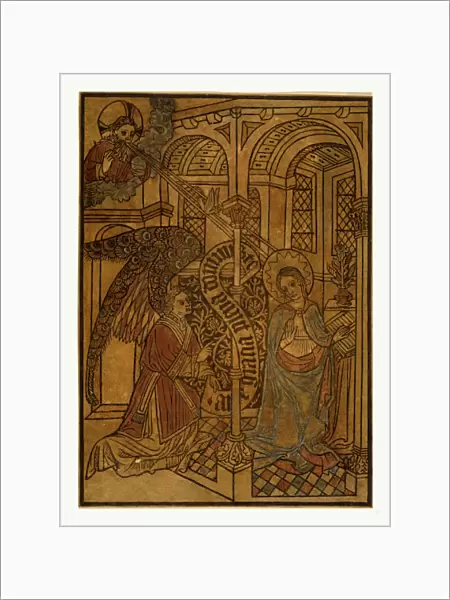 The annunciation, Print showing Mary visited by an angel, woodcut, hand-colored