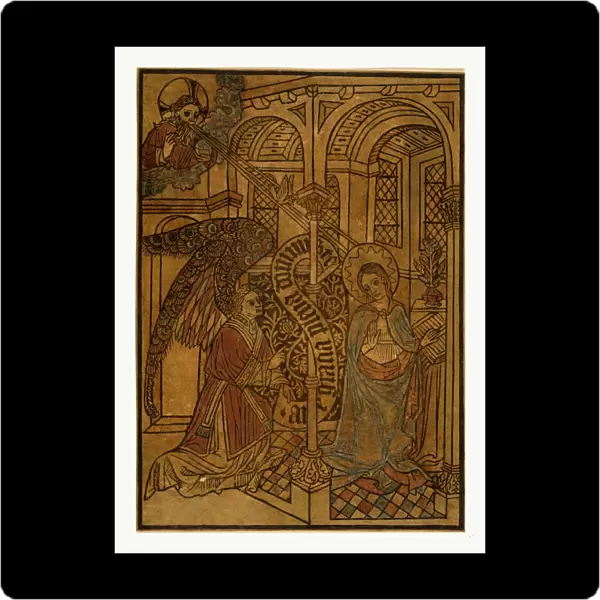 The annunciation, Print showing Mary visited by an angel, woodcut, hand-colored