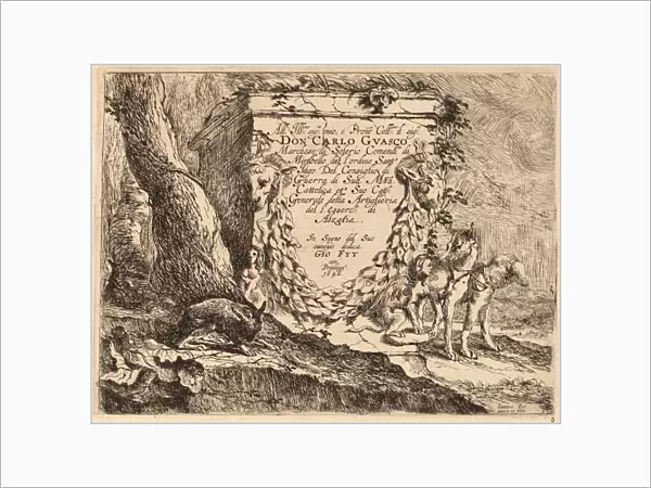 Jan Fyt (Flemish, 1611 - 1661), Title Page: Pedestal and a Pair of Dogs, 1642, etching