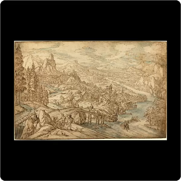 Tobias Verhaecht, Flemish (1561-1631), River Landscape, pen and brown ink with blue