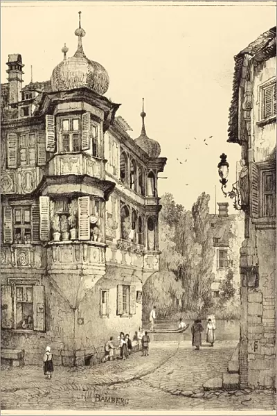 Samuel Prout, British (1783-1852), Bamberg, lithograph touched with white gouache