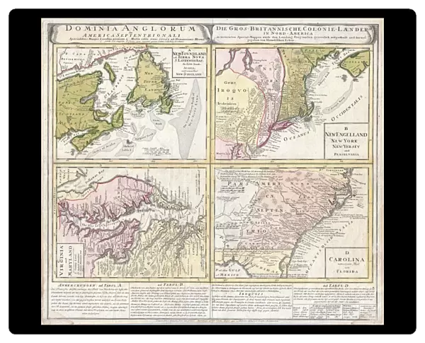 1737, Homann Heirs Map of New England, Georgia and Carolina, and Virginia and Maryland