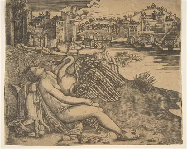 Naked woman Leda swan Zeus embrace river bank