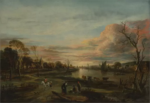 Landscape Sunset 1650s Oil canvas 20 x 28 1  /  8