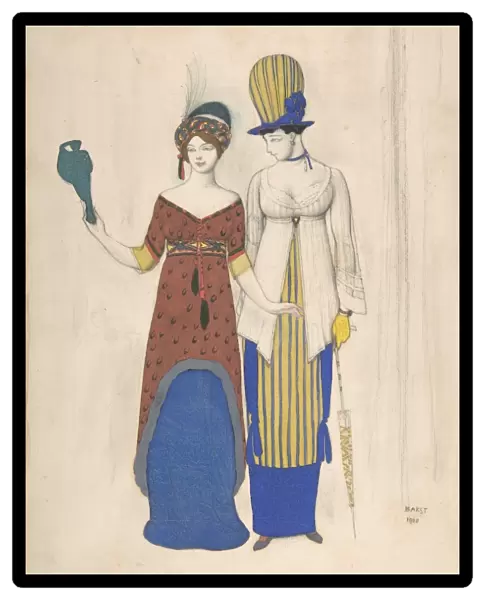 Fantaisie sur le costume moderne Two female haute couture figures