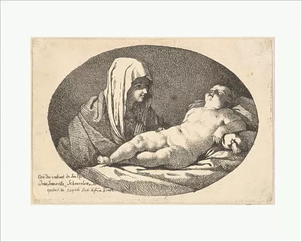 Virgin left watching infant Christ sleeps oval composition