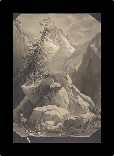 Three Goats Moutainous Landscape 1830-64 Black chalk heightened