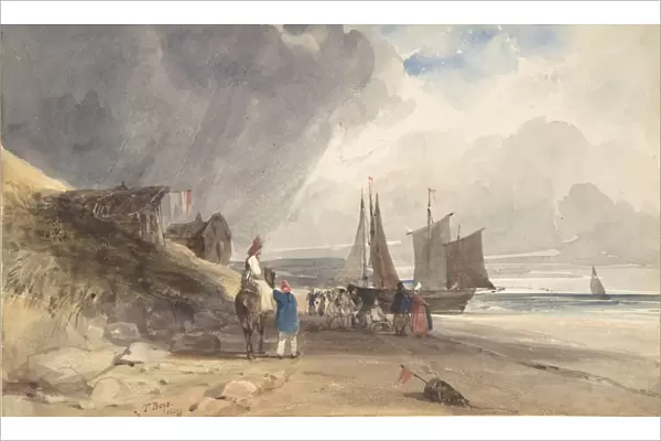Figures Beach Northern France 1830 Watercolor
