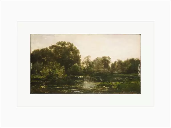 River Landscape Storks 1864 Oil wood 9 1  /  2 x 17 5  /  8