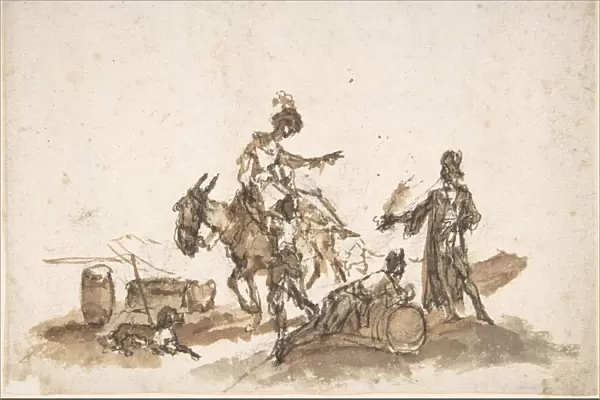 Man Assisting Woman Mount Horse Two Figures Dog