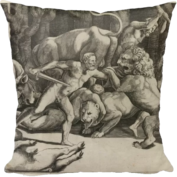 Drawings Prints, Print, Five, men, fighting, beasts, lower, left, fallen, boar, Artist