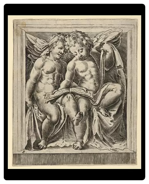 Drawings Prints, Print, Two seated angels, facing left, reading song book, Angels Concert