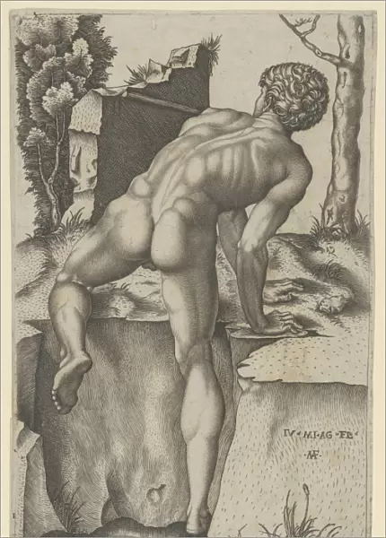 Naked man viewed climbing river bank Michelangelo