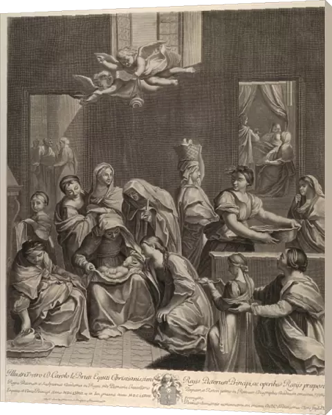 Drawings Prints, Print, birth Virgin, woman, seated, infant, lap, numerous women surrounding