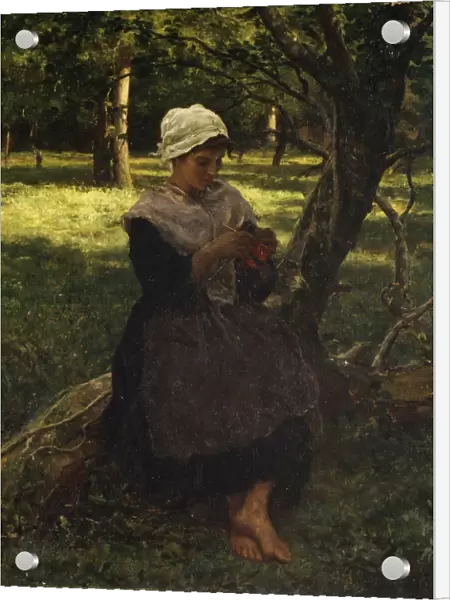 Peasant Girl Knitting ca 1870 Oil canvas 22 5  /  8 x 18 1  /  2